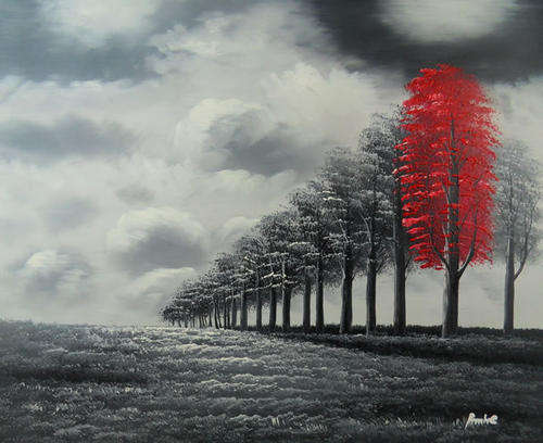 Signed Oil Painting Forest Trees Park Black Red LH06