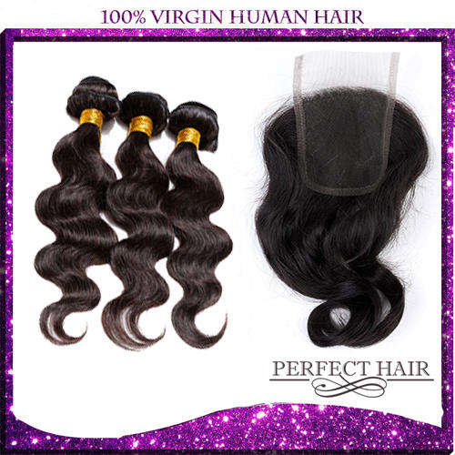 100% Peruvian human hair  Bundles  with closure(3+1), Body Wave,12"