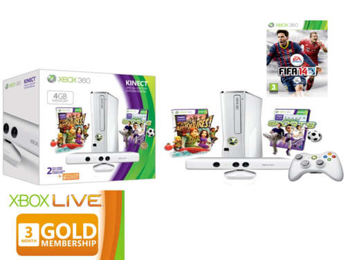 Xbox360 Slim 4GB white console (e model) + kinect sensor+3 months xbox live gold +3 games