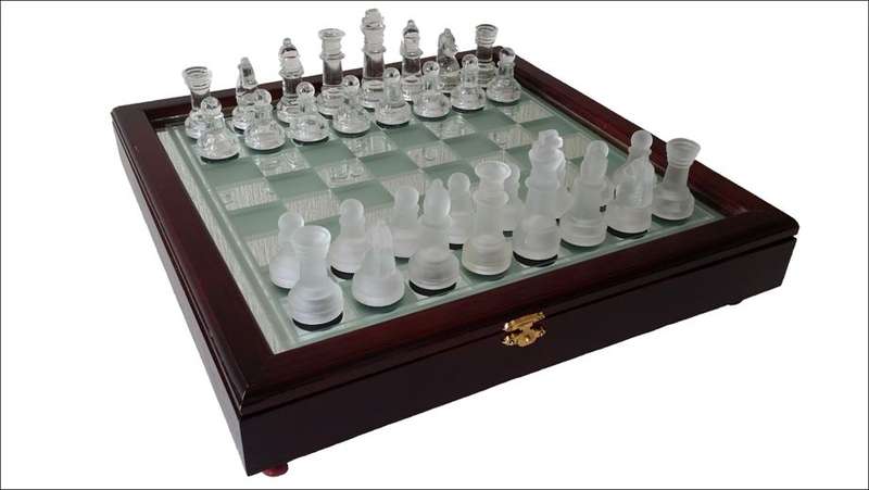 Glass Chess Set In Wood Case | 35cm x 35cm Glass Board | Clear & Frosted Solid Glass Pieces