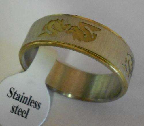 BRUSHED STAINLESS STEEL RING WITH DRAGON MOTIF - SIZE 13