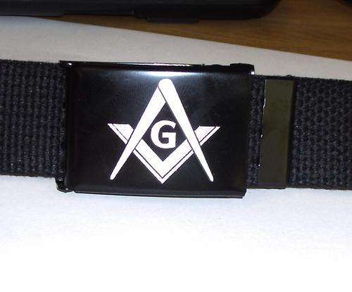 CUSTOM ENGRAVED MASON LOGO OPEN FACE CANVAS WEB BELT - BUCKLE