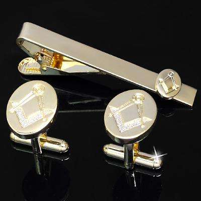 MASONIC GOLD TONE STAINLESS STEEL CUFF LINKS & TIE CLIP BAR
