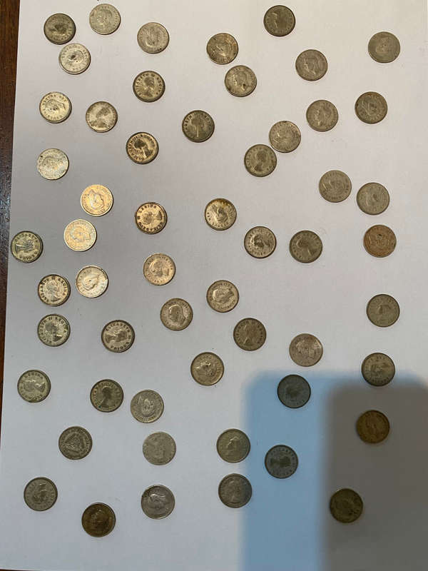 S A UNION SILVER 3D THREEPENCE (LOT OF 55)