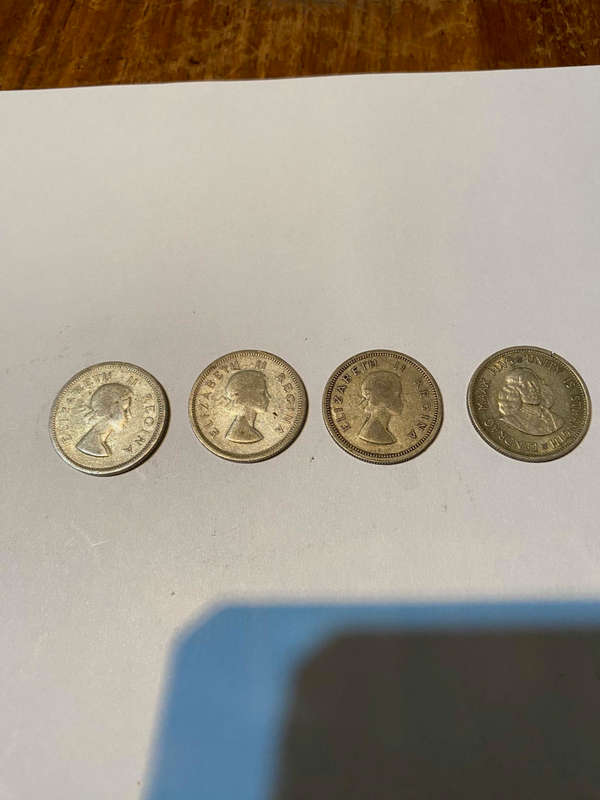 3x UNION OF SOUTH AFRICA - 1 Shilling - QUEEN ELIZABETH II  (1954x2) (1957x1)  SILVER plus 1962 10c