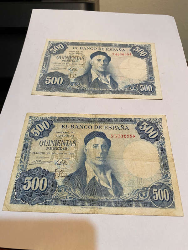 2 x 500 Quinientas Pesetas, both 22 de julio de 1954
