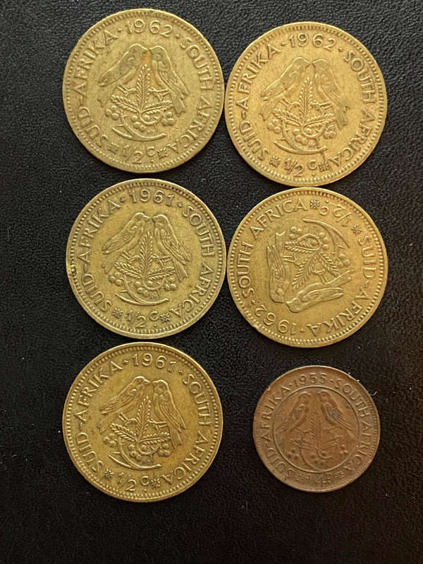 SA Union x5: (1962x3) (1961x2) van Riebeeck 1/2c and 1x ZAR 1955 1/4D Elizabeth II