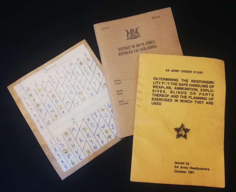 S.A.D.F. Border War notebook, Army Order booklet- safe handling of weapons etc, Radio Cypher codes.