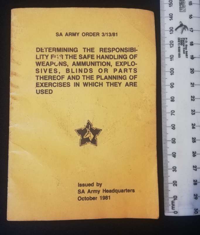 S.A.D.F. Border War notebook, Army Order booklet- safe handling of weapons etc, Radio Cypher codes.