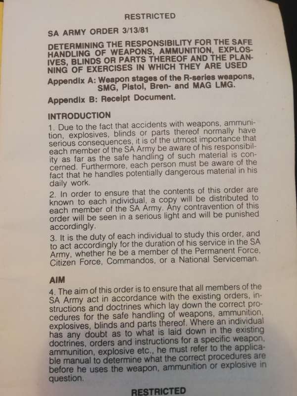 S.A.D.F. Border War notebook, Army Order booklet- safe handling of weapons etc, Radio Cypher codes.