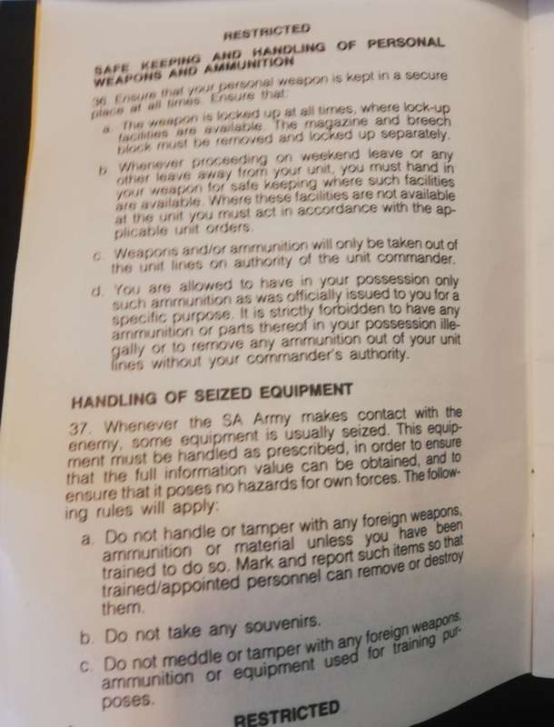 S.A.D.F. Border War notebook, Army Order booklet- safe handling of weapons etc, Radio Cypher codes.