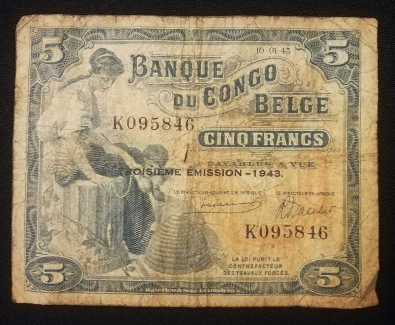 WW2 Issue Belgian Congo 5 Francs Note. 3rd issue 1943