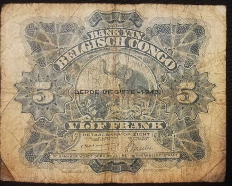 WW2 Issue Belgian Congo 5 Francs Note. 3rd issue 1943