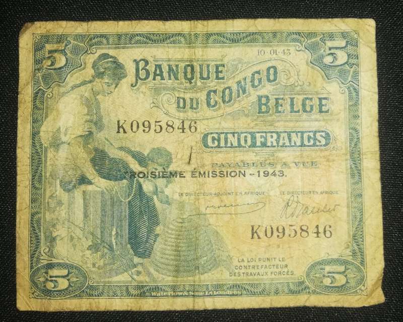 WW2 Issue Belgian Congo 5 Francs Note. 3rd issue 1943