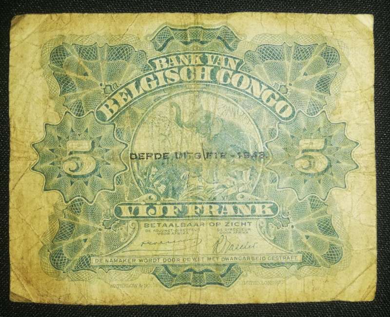 WW2 Issue Belgian Congo 5 Francs Note. 3rd issue 1943