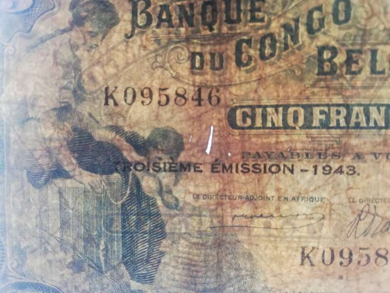 WW2 Issue Belgian Congo 5 Francs Note. 3rd issue 1943