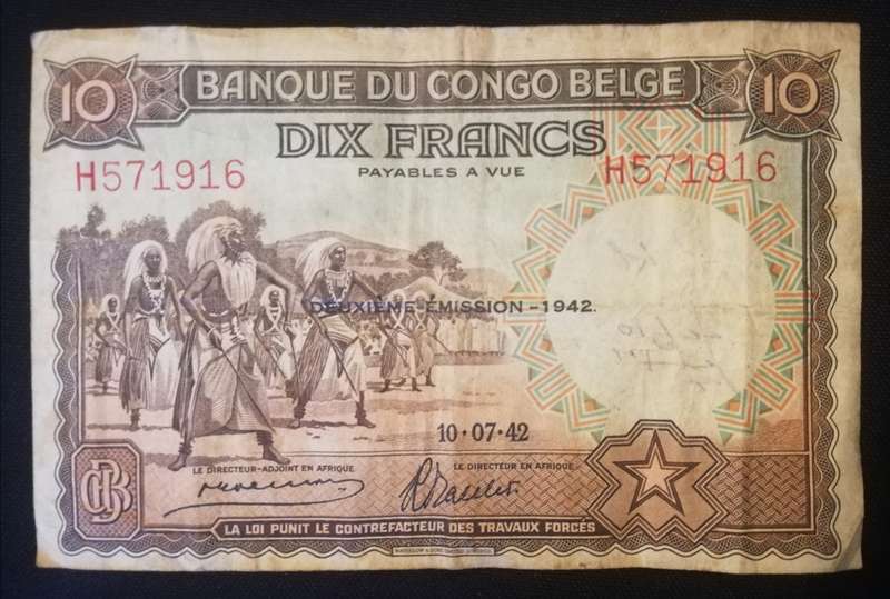 WW2 era Belgian Congo 10 Francs. 2nd issue 1942.