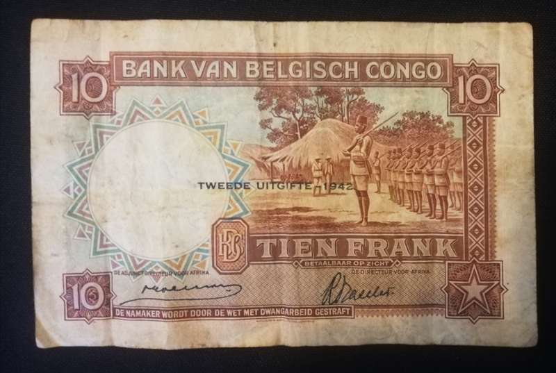 WW2 era Belgian Congo 10 Francs. 2nd issue 1942.