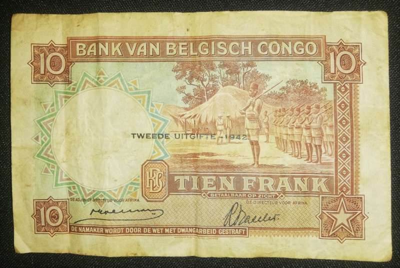 WW2 era Belgian Congo 10 Francs. 2nd issue 1942.