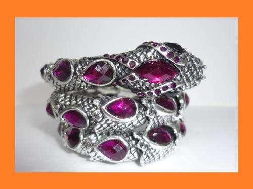 Silver Filled Snake Bangle with Purple Crystal Rhinestones, 5cm High
