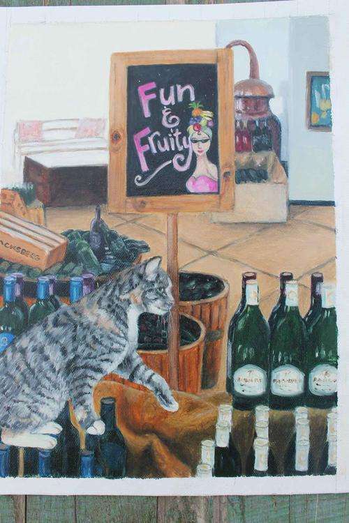 Cat Oil Painting with bottles on canvas