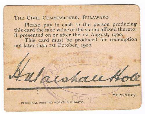 Marshall Hole Card - Boer War - used in Bulawayo