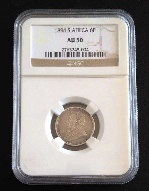 1894 ZAR Sixpence NGC Graded AU50 Very Rare