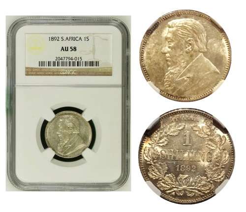 First Year of Issue | 1892 ZAR Kruger Shilling NGC Certified AU58 | Looks Mint State