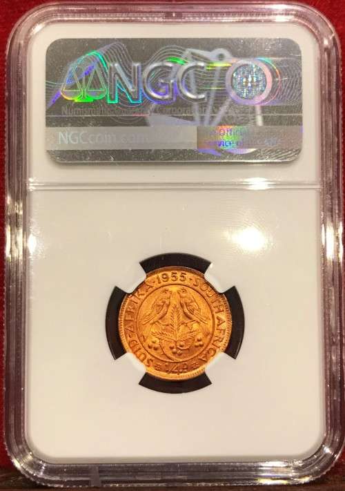 Finest Known Gem | 1955 S.Africa 1/4 Penny NGC Certified MS66RD | POP:2 | Brilliant RED Appearance