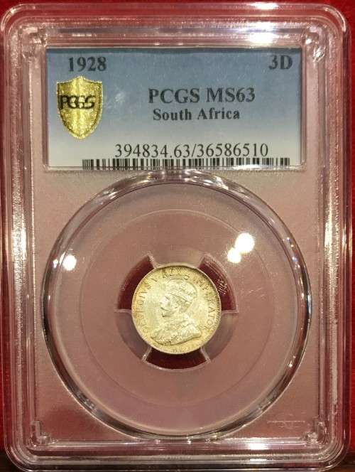 Brilliant UNC | 1928 S.Africa 3 Pence PCGS Certified MS63 | Lustrous Devices | Rustic Toning