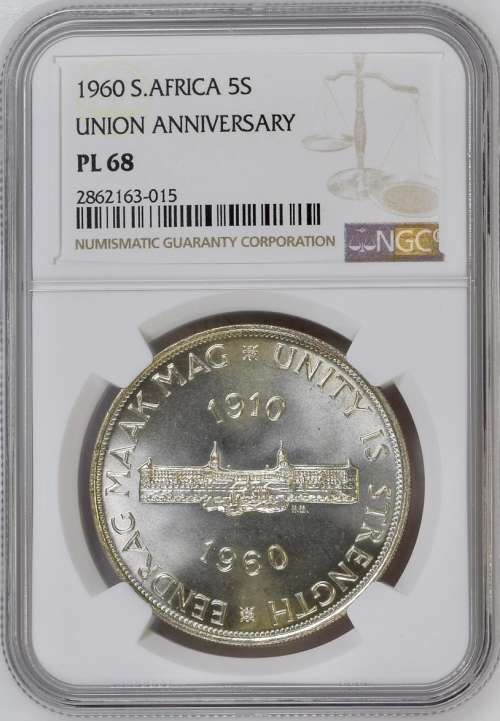 S. Africa: 1960 QEII 5 Shillings NGC Certified PL68 `Union 50th Anniversary`