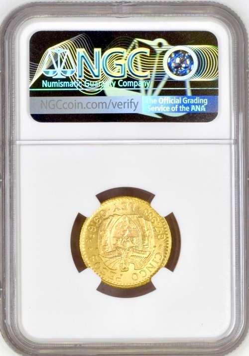 Colombia: 1929 Gold 5 Pesos Medellin NGC Certified MS67