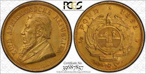 S. Africa: 1895 ZAR Gold 1/2 Pond PCGS Certified AU55