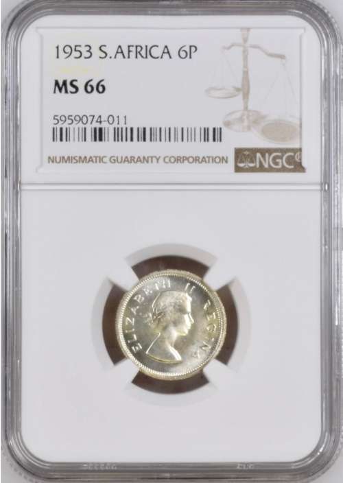 S. Africa: 1953 QEII 6D (Sixpence) NGC Certified MS66