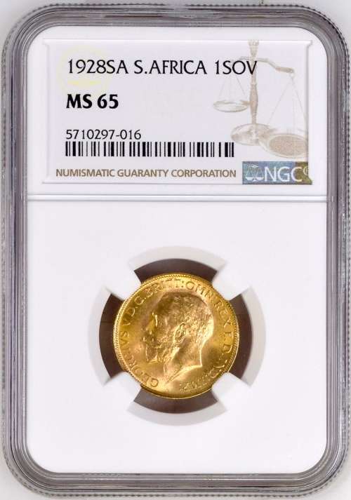 S. Africa: 1928 KGV Gold Pound/Sovereign NGC Certified MS65
