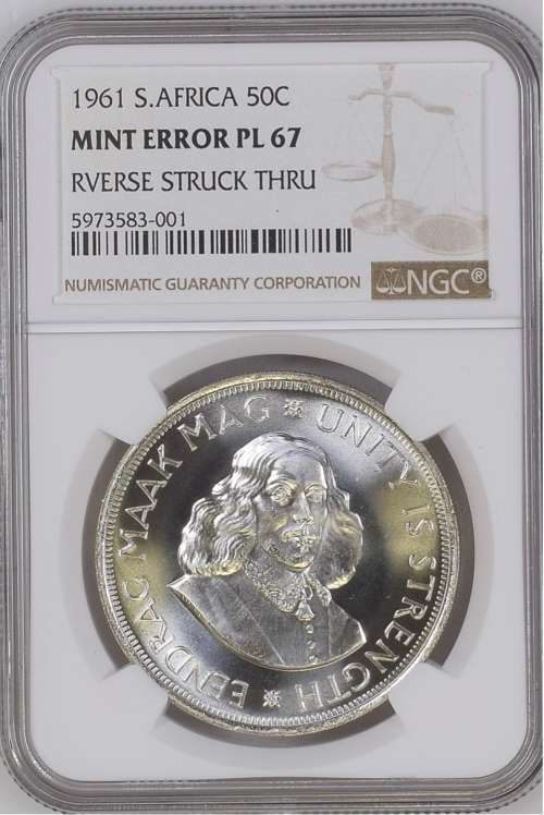 S. Africa: 1961 50C (Crown) NGC Certified PL67 Mint Error `Reverse Struck Thru`