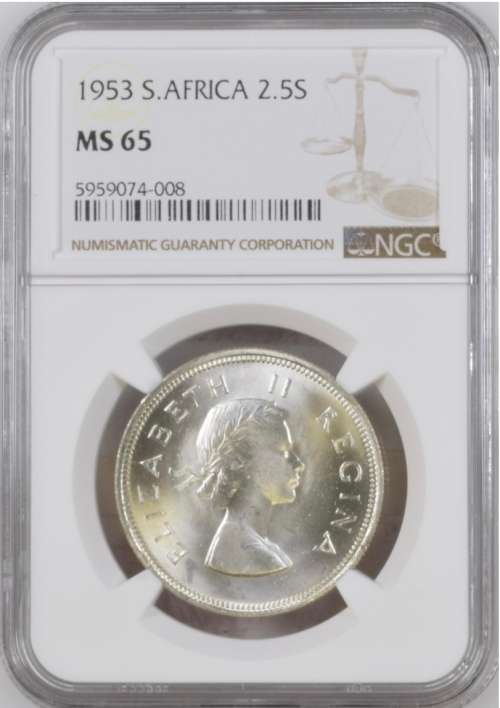 S. Africa: 1953 QEII 2.5 Shillings (Halfcrown) NGC Certified MS65 (Finest Certified Grade)