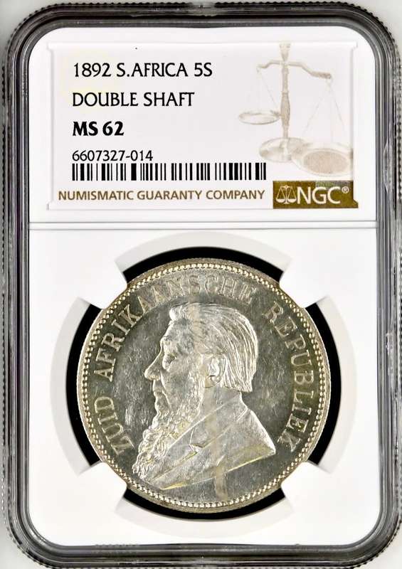 S. Africa: 1892 ZAR Double Shaft 5/- NGC Certified MS62