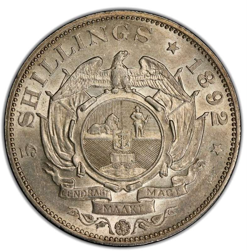 S. Africa: 1892 ZAR 5 Shillings (Crown) Single Shaft 5/- PCGS Certified AU58