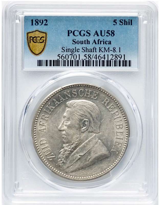 S. Africa: 1892 ZAR 5 Shillings (Crown) Single Shaft 5/- PCGS Certified AU58