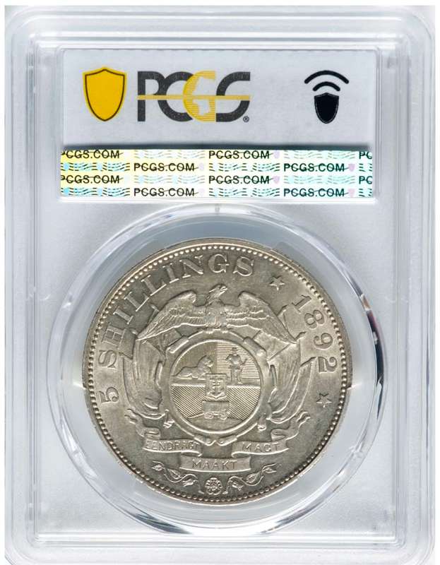 S. Africa: 1892 ZAR 5 Shillings (Crown) Single Shaft 5/- PCGS Certified AU58