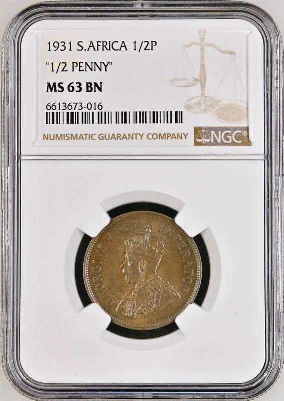 S. Africa: 1931 KGV 1/2 Penny `Zuid` NGC Certified MS63BN
