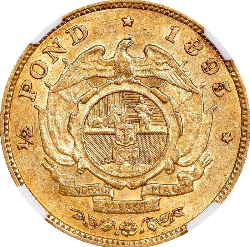 S. Africa: 1895 ZAR Gold 1/2 Pond NGC Certified AU55