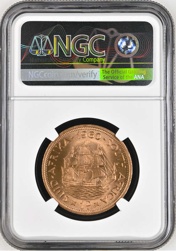 S. Africa: 1960/0 QEII 1 Penny NGC Certified MS65RD