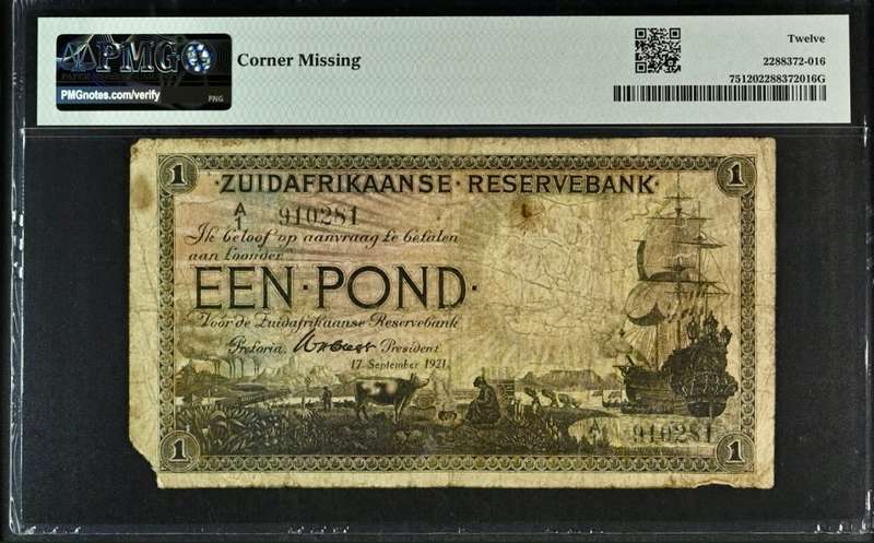 S. Africa (Reserve Bank): 1921 WH. Clegg 1 Pound PMG Certified F12