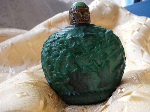 RARE 1930'S MALACHITE "" CHINESE SCENE"", PERFUME BOTTLE, CZECH REPUBLIC, BRASS TOP