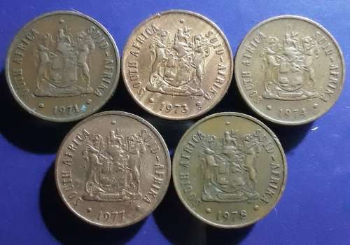 5 X R.S.A. 2 cent coins