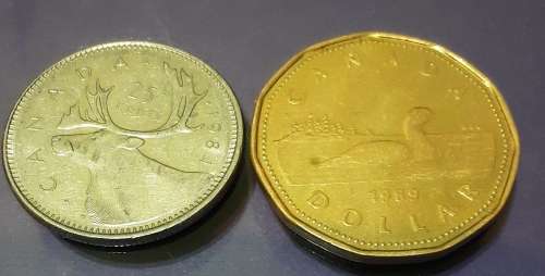 1989 Canadian 1 dollar and 1984 25 cents