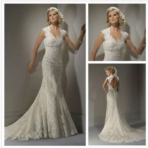 Ivory Lace Tulle Sexy Design Backless Wedding Gown Lace Wedding Dress With Cap Sleeves 2014