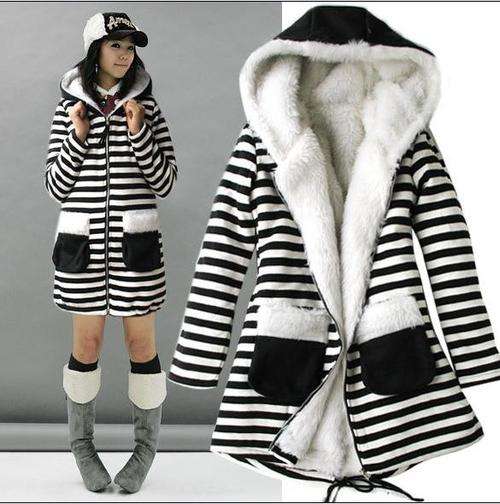 Women's Trendy Hooded Striped Worsted Polyester Cotton Coat